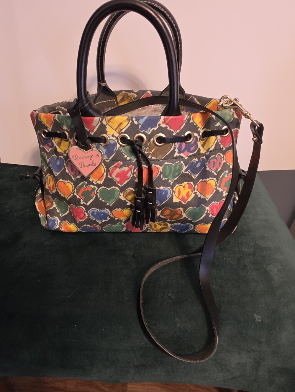 VintagecDooney & Bourke Black-Handled Multicolor Heart Print Satchel.
